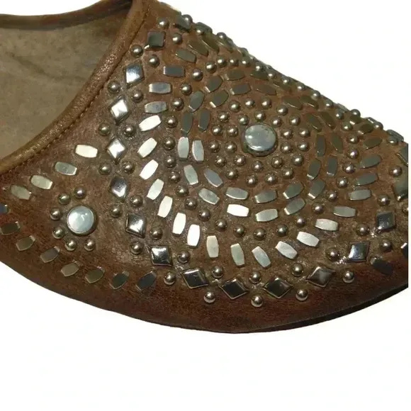 Calleen Cordero Studded Mules Western Cowgirl Tan Silver Leather Slip On Size 7