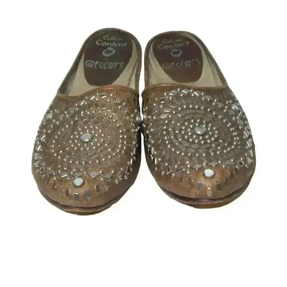 Calleen Cordero Studded Mules Western Cowgirl Tan Silver Leather Slip On Size 7