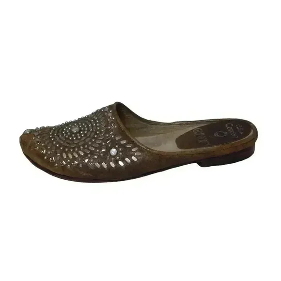 Calleen Cordero Studded Mules Western Cowgirl Tan Silver Leather Slip On Size 7