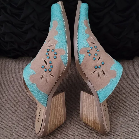 CAMI CAMEL TURQUOISE GENUINE LEATHER SOUTHWESTERN MULES