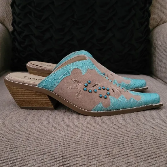 CAMI CAMEL TURQUOISE GENUINE LEATHER SOUTHWESTERN MULES
