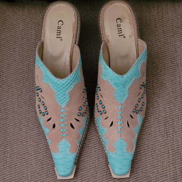 CAMI CAMEL TURQUOISE GENUINE LEATHER SOUTHWESTERN MULES