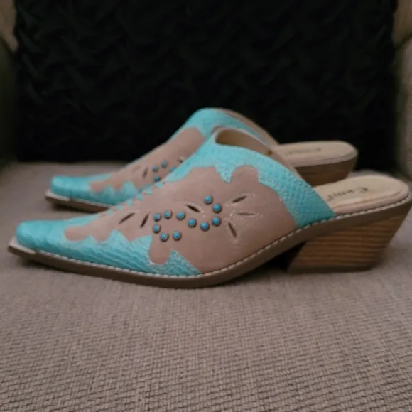 CAMI CAMEL TURQUOISE GENUINE LEATHER SOUTHWESTERN MULES
