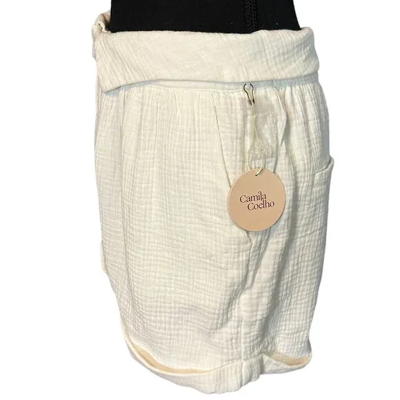 Camila Coelho Bebbe Shorts White Medium Cotton Gauze Pockets Wide Leg Cuff NEW