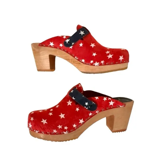 Cape Clogs Swedish Wooden Suede Americana 4th of July Stars Red White Blue Sz 37