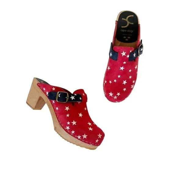 Cape Clogs Swedish Wooden Suede Americana 4th of July Stars Red White Blue Sz 37