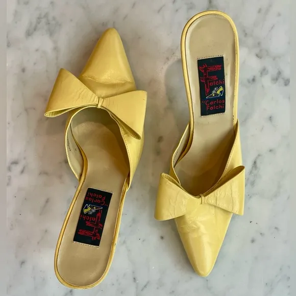 Carlos Falchi leather stiletto mules with bows in butter yellow, 7B, EUC