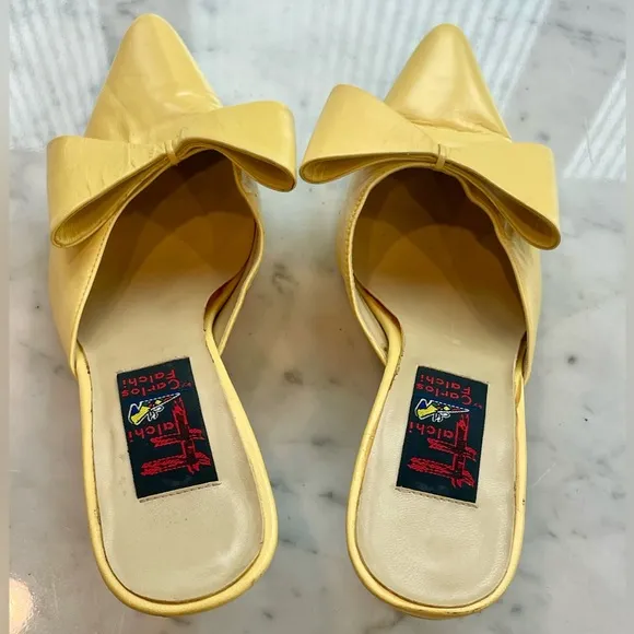 Carlos Falchi leather stiletto mules with bows in butter yellow, 7B, EUC