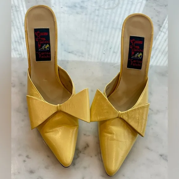 Carlos Falchi leather stiletto mules with bows in butter yellow, 7B, EUC