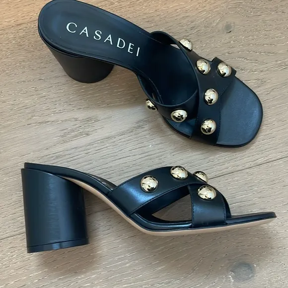 Casadei Black and Gold Mules with Studded Detail
