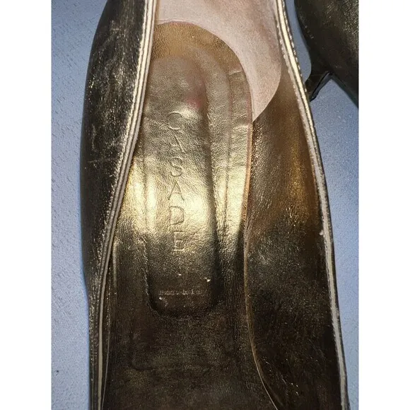 Casadei Italy Gold Metallic Brown Leather Elongated Toe Kitten Heels 8.5