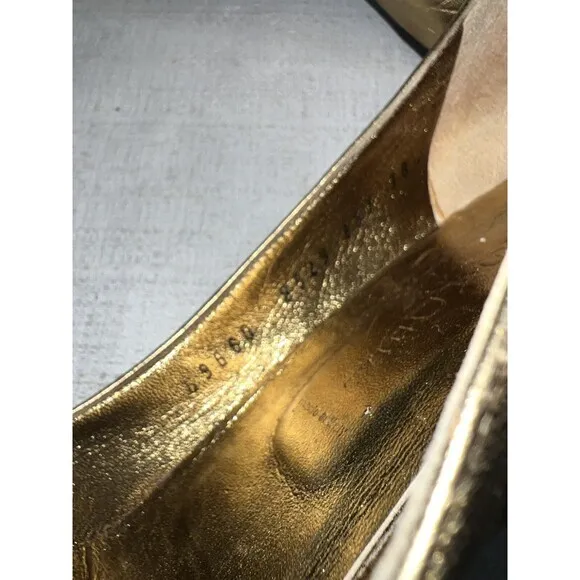 Casadei Italy Gold Metallic Brown Leather Elongated Toe Kitten Heels 8.5