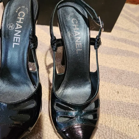 CHANEL Black Patent Leather Heels Slingback