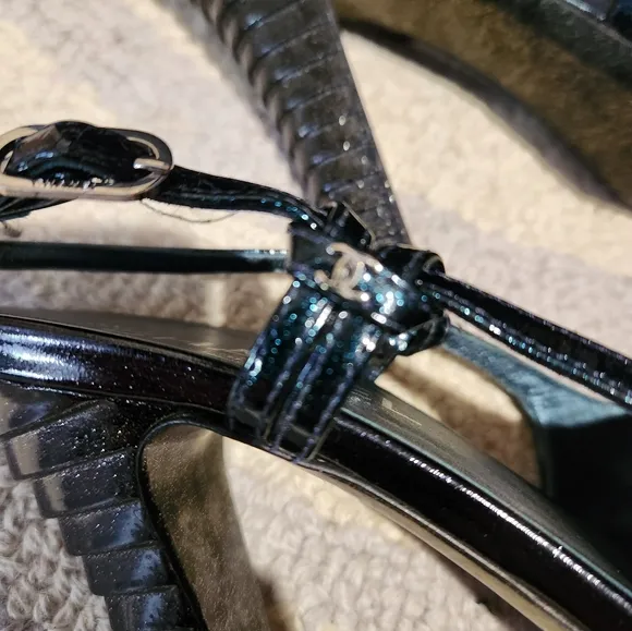 CHANEL Black Patent Leather Heels Slingback