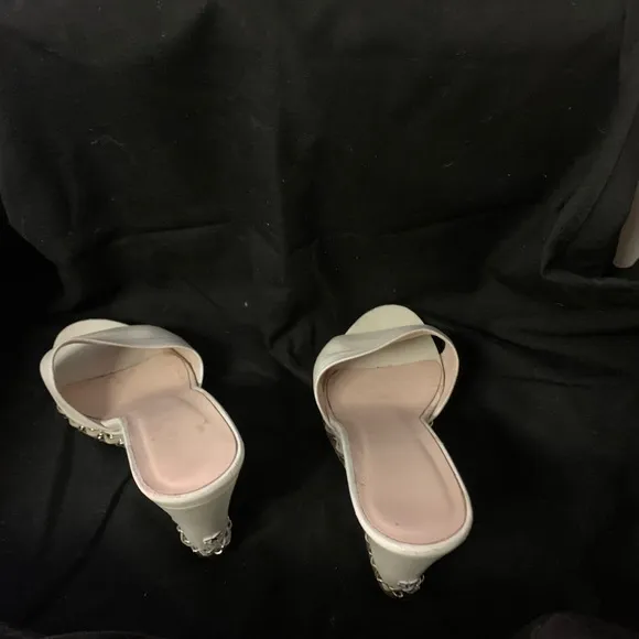 CHANEL PINK BEIGE CHAIN WEDGE MULES/SLIDES W/CHAIN SZ 36
