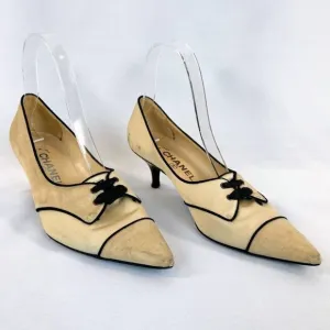 CHANEL Vintage Beige Black Kitten Heels Pumps $1200