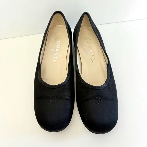 Chanel Vintage Satin CC Ballet Flats Kitten Block Heels