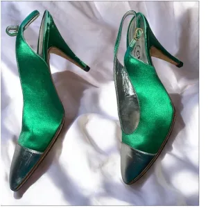Chanel Vintage Slingback  Heels Green Satin/ Silver 39.5