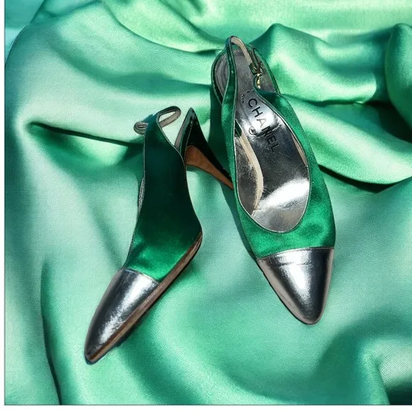 Chanel Vintage Slingback  Heels Green Satin/ Silver 39.5
