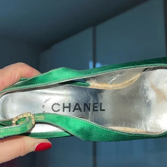 Chanel Vintage Slingback  Heels Green Satin/ Silver 39.5