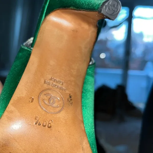 Chanel Vintage Slingback  Heels Green Satin/ Silver 39.5