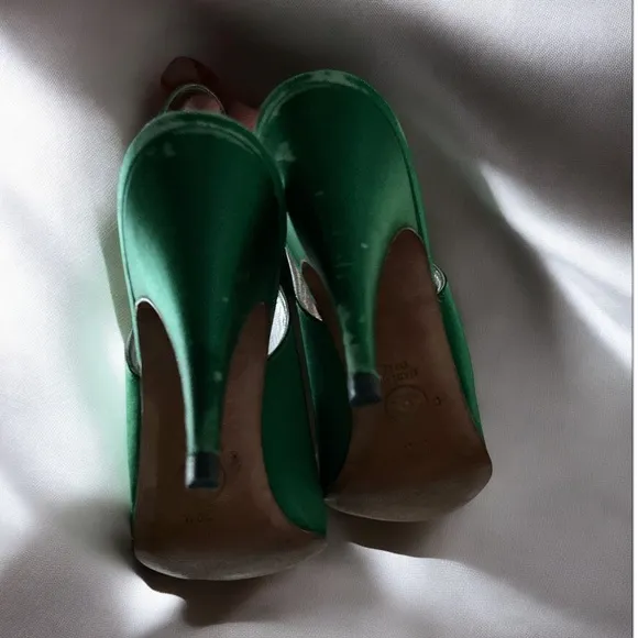 Chanel Vintage Slingback  Heels Green Satin/ Silver 39.5