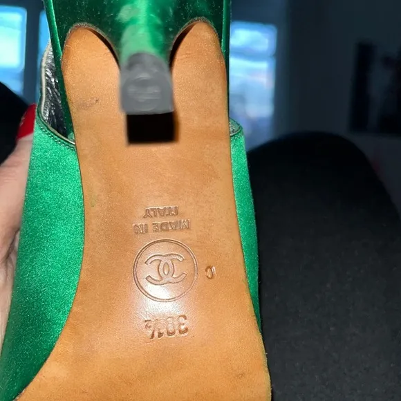 Chanel Vintage Slingback  Heels Green Satin/ Silver 39.5