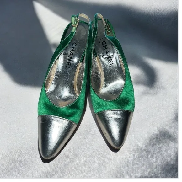 Chanel Vintage Slingback  Heels Green Satin/ Silver 39.5