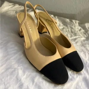 Chanel Women's Beige and Black Slingback Heels
