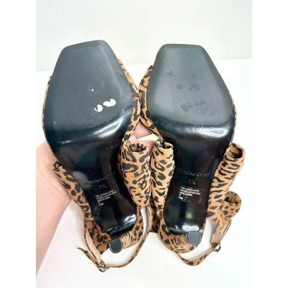 Charles David Sandals Womens Size 7.5 Animal Print Brown Bow Luxe Slide Heels