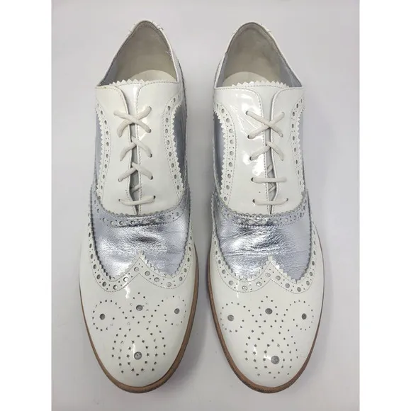 Charles David Wingtip Silver White Patent Italian Leather Oxfords Wmn's Sz 9.5
