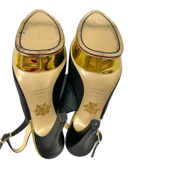 Charlotte Olympia Black Leather DOLLY Gold Platform Slingback Pumps Size 10