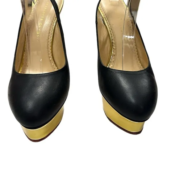 Charlotte Olympia Black Leather DOLLY Gold Platform Slingback Pumps Size 10