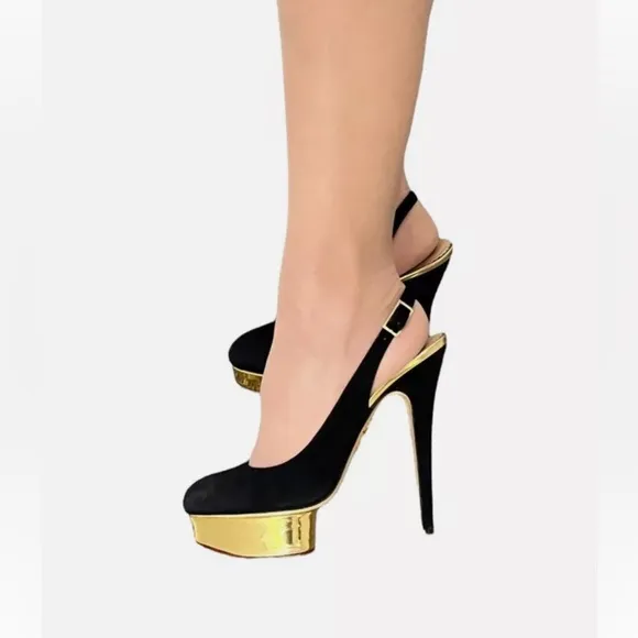 Charlotte Olympia Black Leather DOLLY Gold Platform Slingback Pumps Size 10