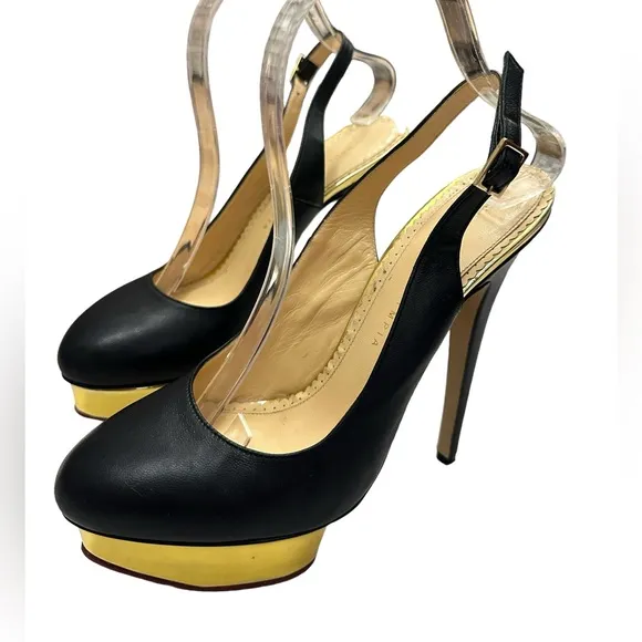 Charlotte Olympia Black Leather DOLLY Gold Platform Slingback Pumps Size 10