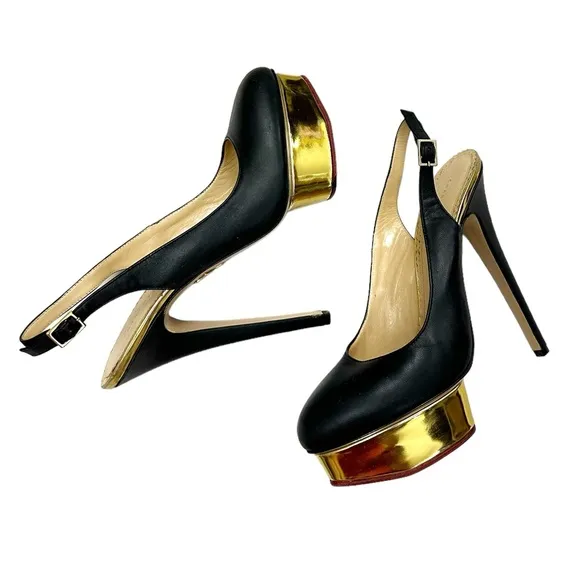 Charlotte Olympia Black Leather DOLLY Gold Platform Slingback Pumps Size 10