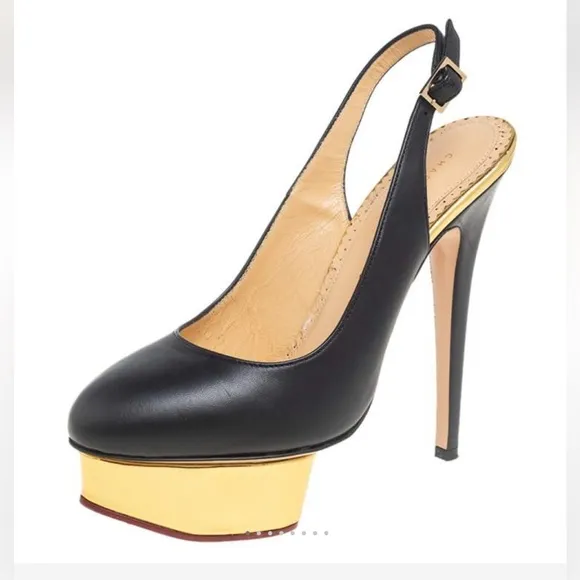 Charlotte Olympia Black Leather DOLLY Gold Platform Slingback Pumps Size 10