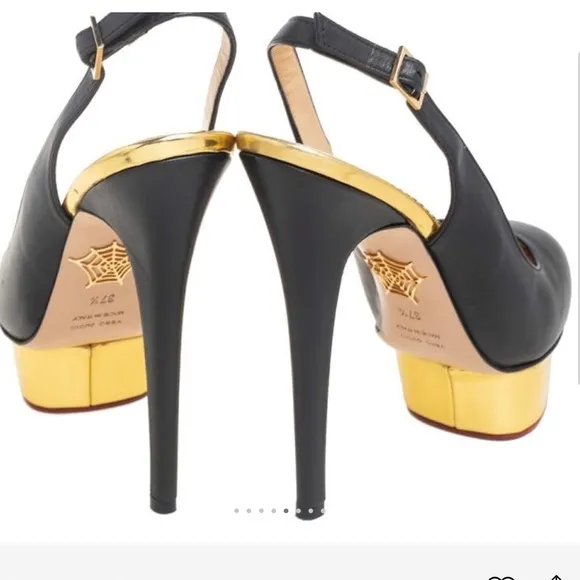 Charlotte Olympia Black Leather DOLLY Gold Platform Slingback Pumps Size 10