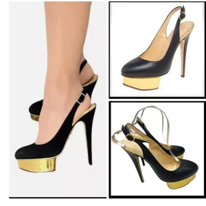 Charlotte Olympia Black Leather DOLLY Gold Platform Slingback Pumps Size 10