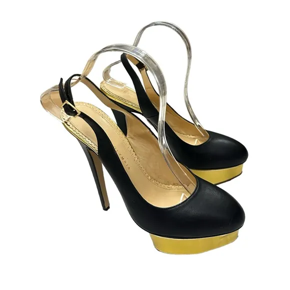 Charlotte Olympia Black Leather DOLLY Gold Platform Slingback Pumps Size 10