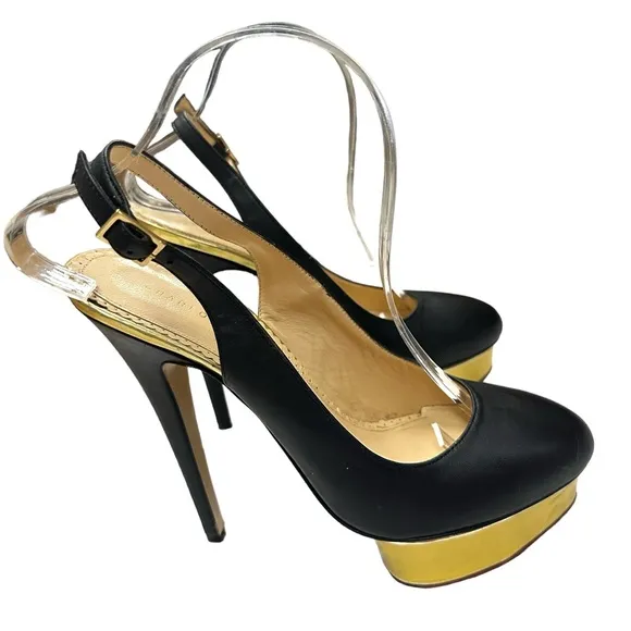 Charlotte Olympia Black Leather DOLLY Gold Platform Slingback Pumps Size 10