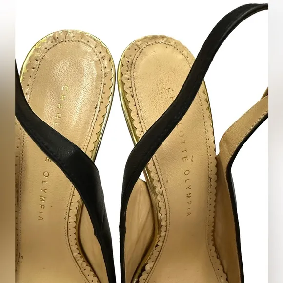 Charlotte Olympia Black Leather DOLLY Gold Platform Slingback Pumps Size 10