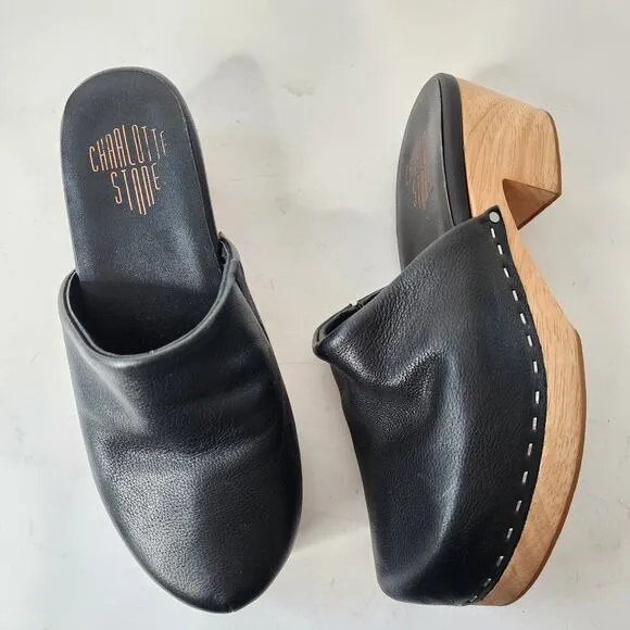 Charlotte Stone Martino Wooden Clogs Size 7 Black Leather Block Heel Mules