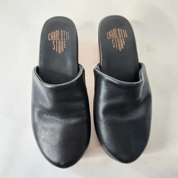 Charlotte Stone Martino Wooden Clogs Size 7 Black Leather Block Heel Mules