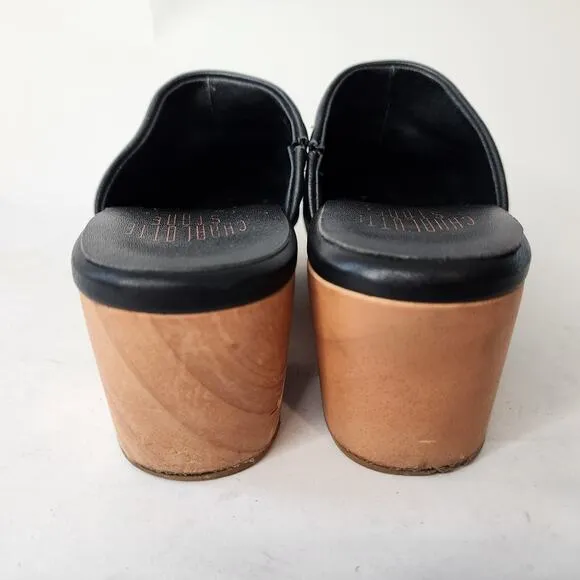 Charlotte Stone Martino Wooden Clogs Size 7 Black Leather Block Heel Mules