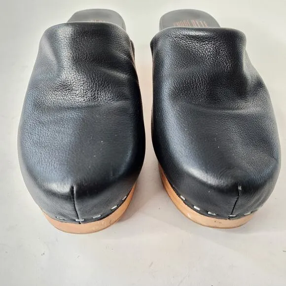 Charlotte Stone Martino Wooden Clogs Size 7 Black Leather Block Heel Mules