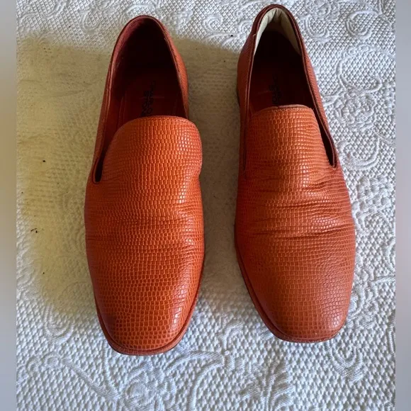 CHARLOTTE STONE Women's Lilith Tejus-Embossed Leather Slip-On Loafer, Coral sz 8