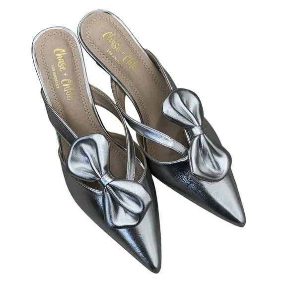 CHASE   CHLOE / Idra-3 / Silver / Pointed / Toe Mule Heels / With Bow Detail Kit