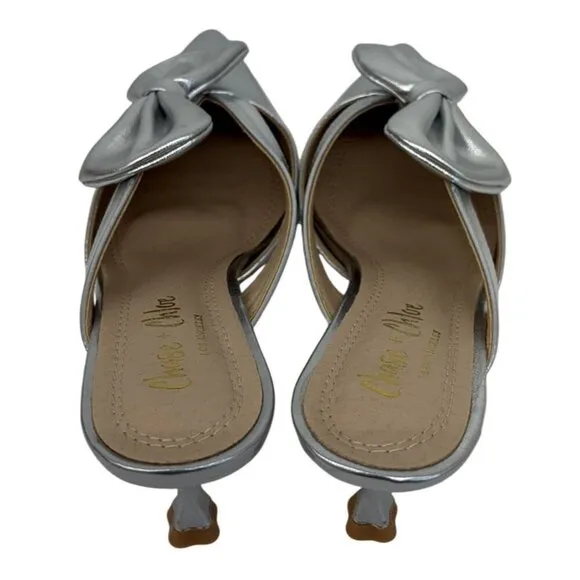 CHASE   CHLOE / Idra-3 / Silver / Pointed / Toe Mule Heels / With Bow Detail Kit