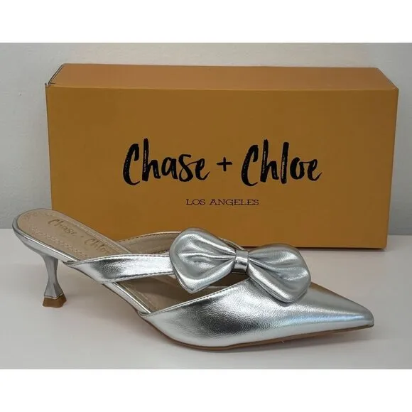 CHASE   CHLOE / Idra-3 / Silver / Pointed / Toe Mule Heels / With Bow Detail Kit